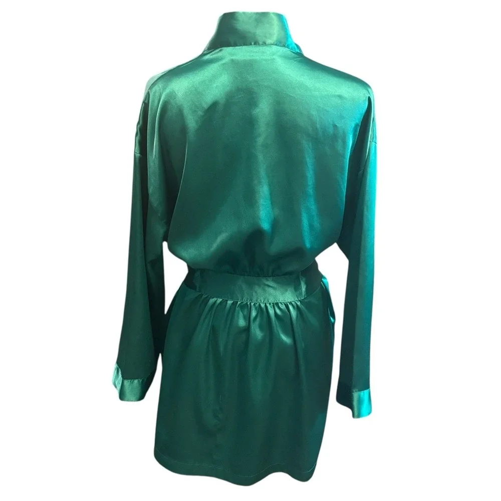 Vintage Victoria's Secret Gold Label Teal Jewel Green Satin Floral Robe Size O/S